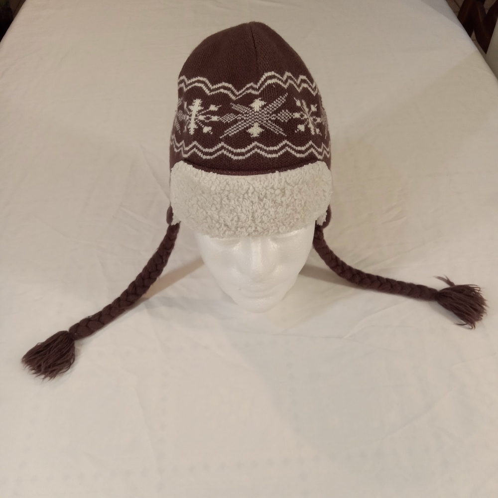 Carhartt Womens Brown and White Knit Winter Hat with Braids One Size